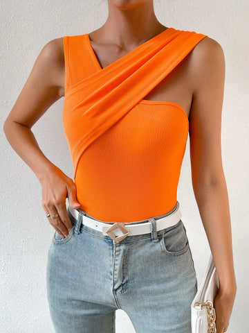 Solid Asymmetrical Neck Bodysuit