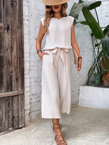 EMERY ROSE Solid Top & Tie Front Wide Leg Pants