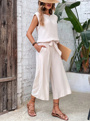 EMERY ROSE Solid Top & Tie Front Wide Leg Pants