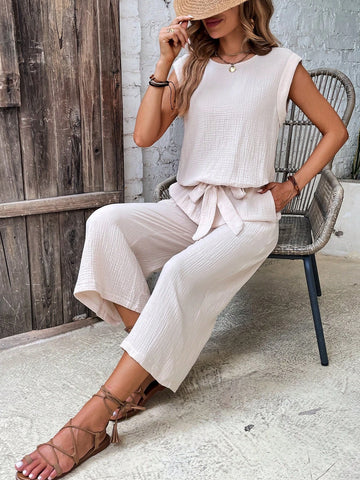 EMERY ROSE Solid Top & Tie Front Wide Leg Pants