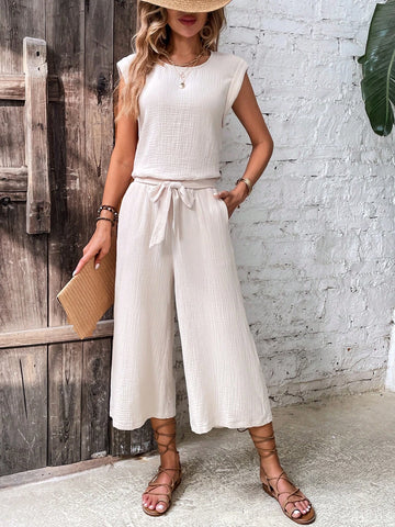 EMERY ROSE Solid Top & Tie Front Wide Leg Pants