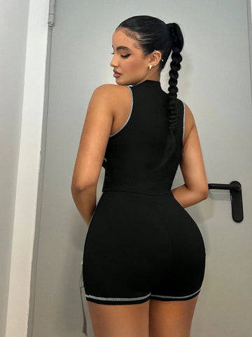 Contrast Mesh Zip Up Top-stitching Unitard Romper