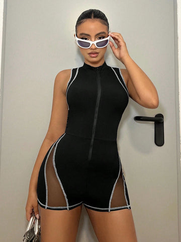 Contrast Mesh Zip Up Top-stitching Unitard Romper