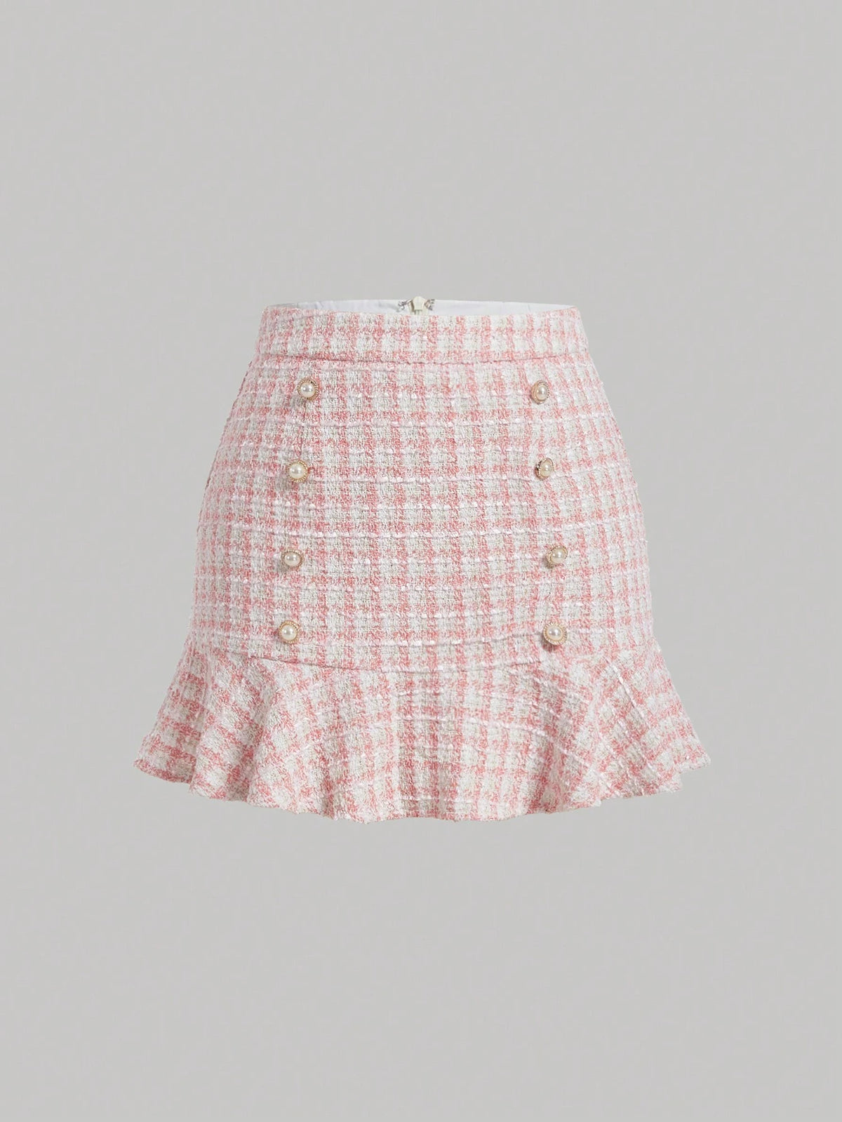 MOD Plaid Pattern Double Breasted Ruffle Hem Tweed Skirt