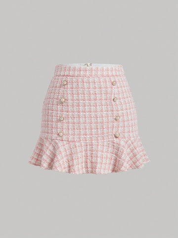 MOD Plaid Pattern Double Breasted Ruffle Hem Tweed Skirt
