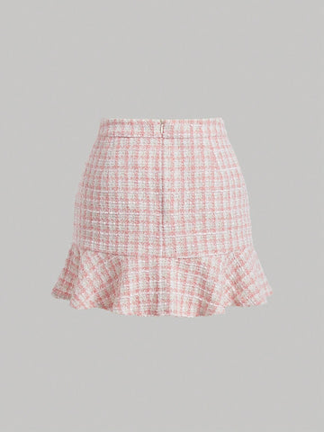 MOD Plaid Pattern Double Breasted Ruffle Hem Tweed Skirt