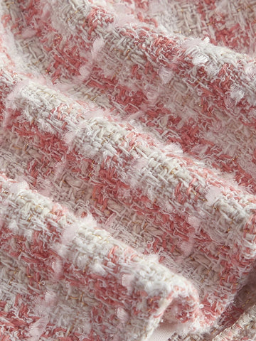 MOD Plaid Pattern Double Breasted Ruffle Hem Tweed Skirt