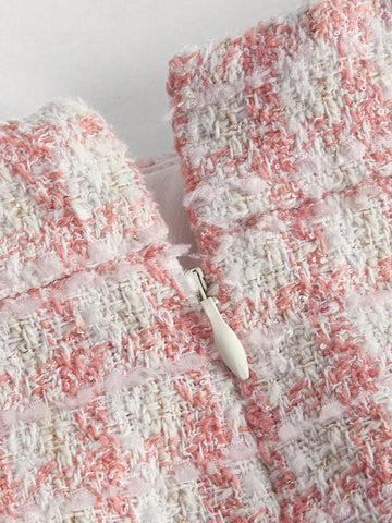 MOD Plaid Pattern Double Breasted Ruffle Hem Tweed Skirt