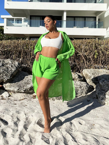 Solid Button Front Shirt & Shorts