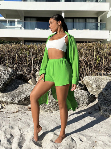 Solid Button Front Shirt & Shorts