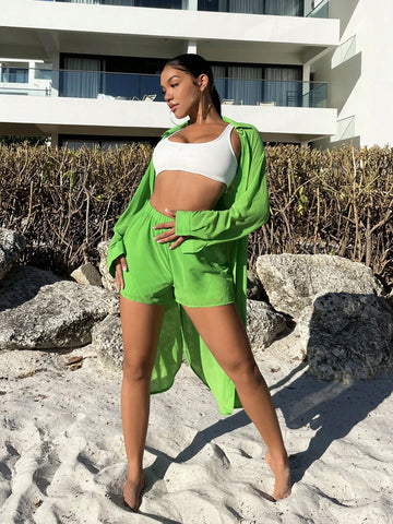 Solid Button Front Shirt & Shorts