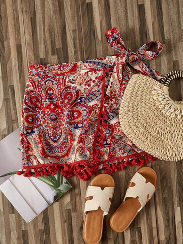 EMERY ROSE Paisley Print Tassel Trim Tie Side Wrap Skort