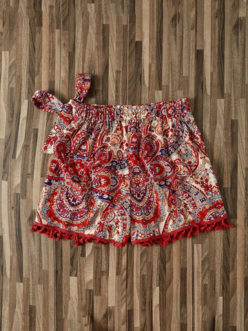 EMERY ROSE Paisley Print Tassel Trim Tie Side Wrap Skort