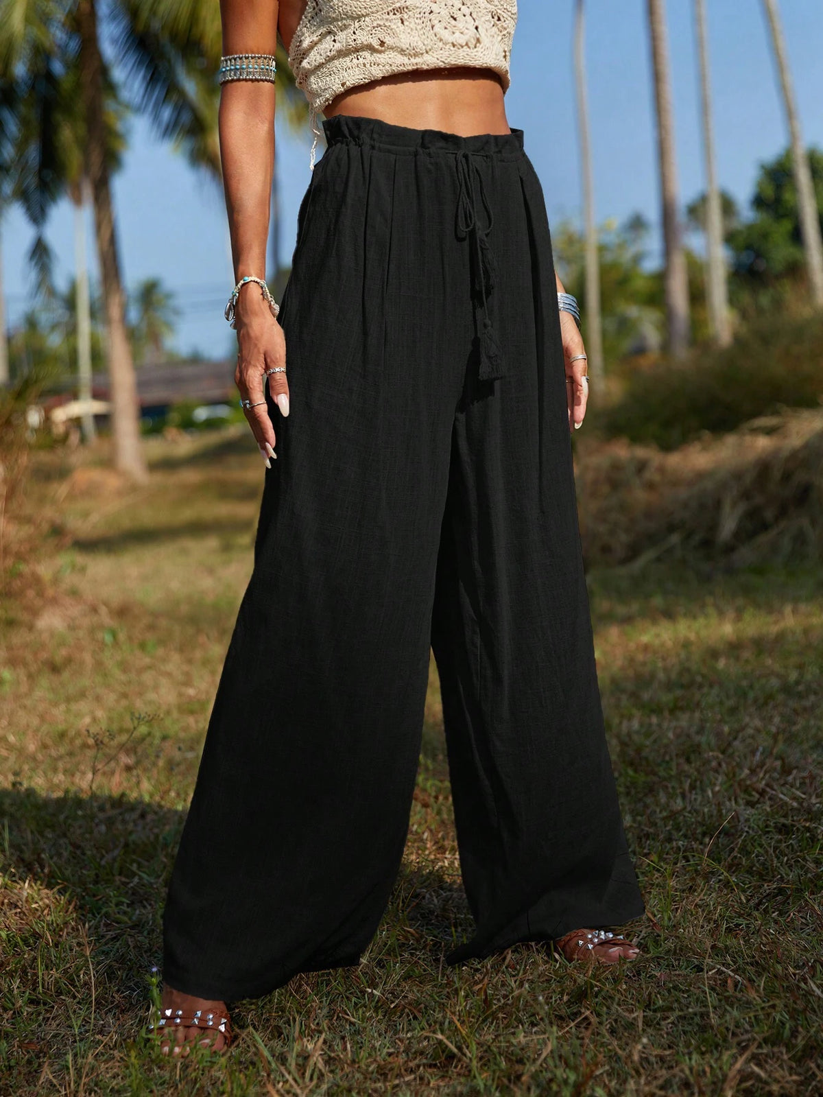 VCAY Tassel Tie Waist Wide Leg Pants