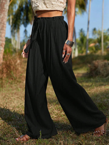 VCAY Tassel Tie Waist Wide Leg Pants