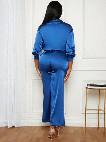 Solid Button Front Satin Shirt & Belted Wide Leg Pants