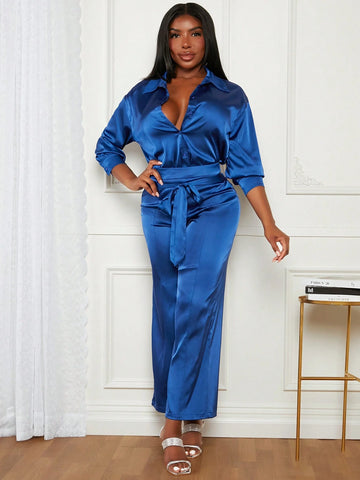 Solid Button Front Satin Shirt & Belted Wide Leg Pants