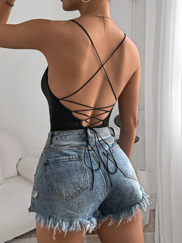 Solid Lace Up Backless Cami Bodysuit