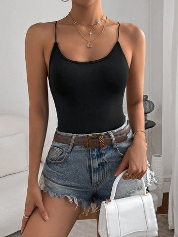 Solid Lace Up Backless Cami Bodysuit