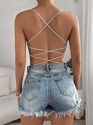 Solid Criss Cross Backless Cami Bodysuit
