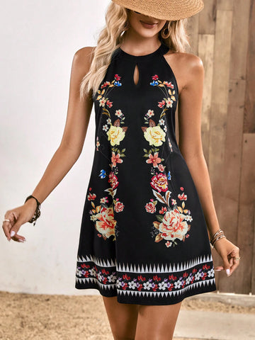 EMERY ROSE Floral Print Keyhole Neckline Halter Dress