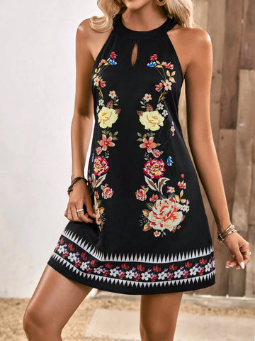 EMERY ROSE Floral Print Keyhole Neckline Halter Dress