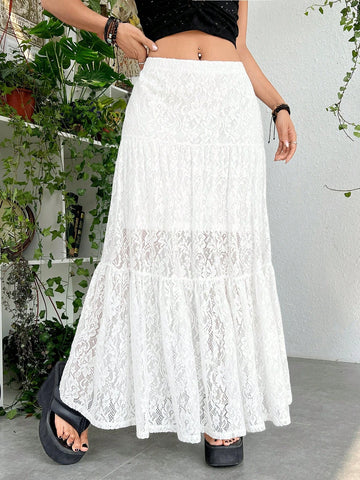 ROMWE PUNK Solid Ruffle Hem Lace Skirt