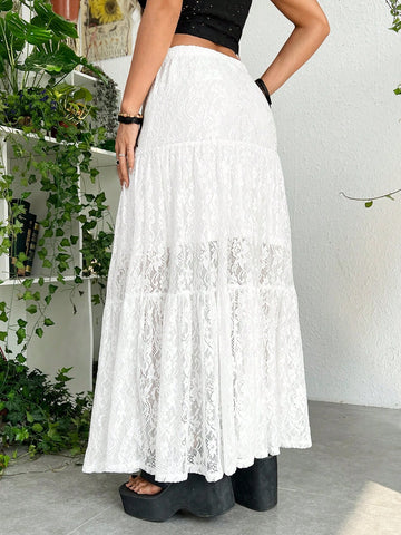 ROMWE PUNK Solid Ruffle Hem Lace Skirt