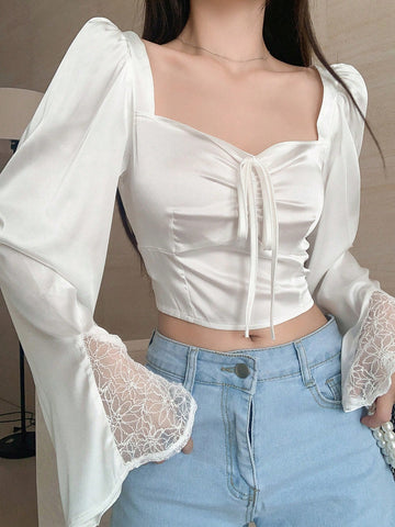 Solid Drawstring Front Flare Sleeve Crop Blouse