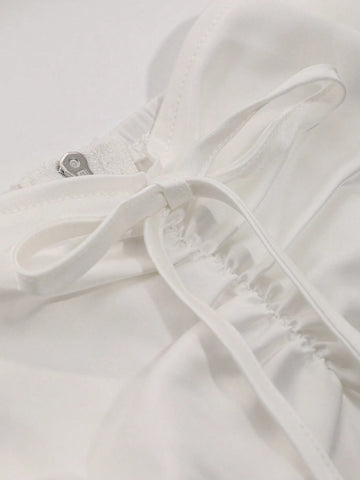 Solid Drawstring Front Flare Sleeve Crop Blouse