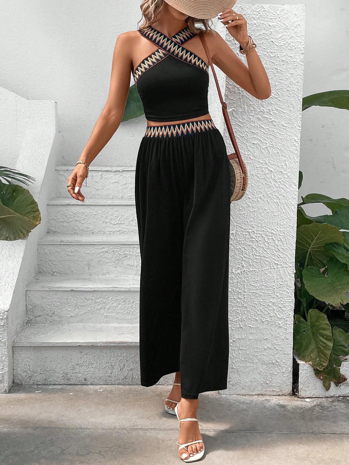 Contrast Tape Top & Wide Leg Pants