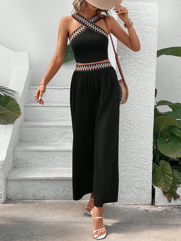 Contrast Tape Top & Wide Leg Pants