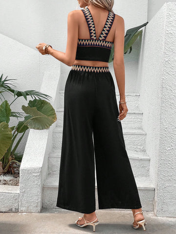 Contrast Tape Top & Wide Leg Pants
