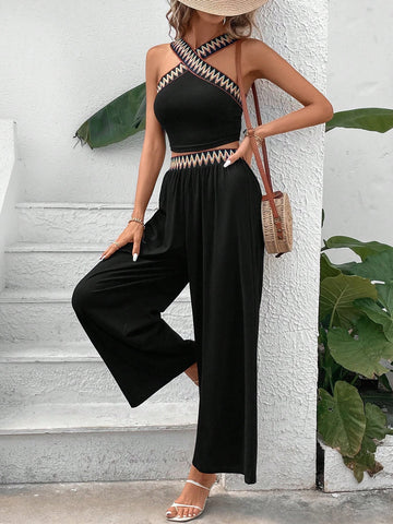 Contrast Tape Top & Wide Leg Pants