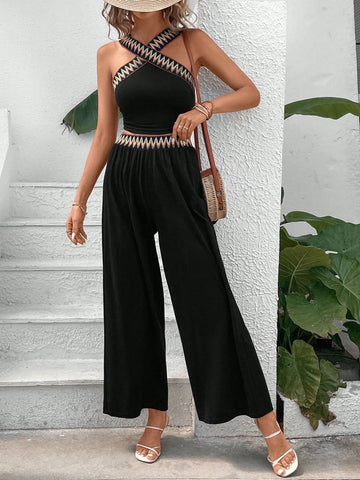 Contrast Tape Top & Wide Leg Pants