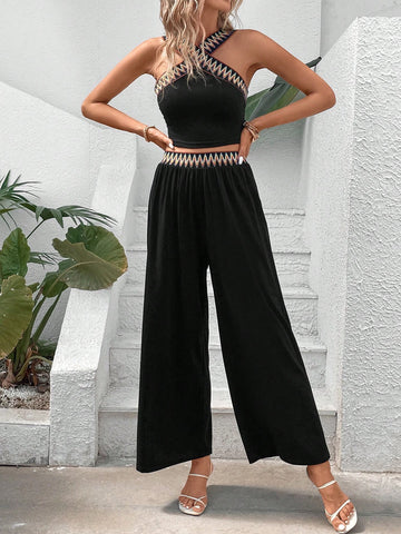 Contrast Tape Top & Wide Leg Pants