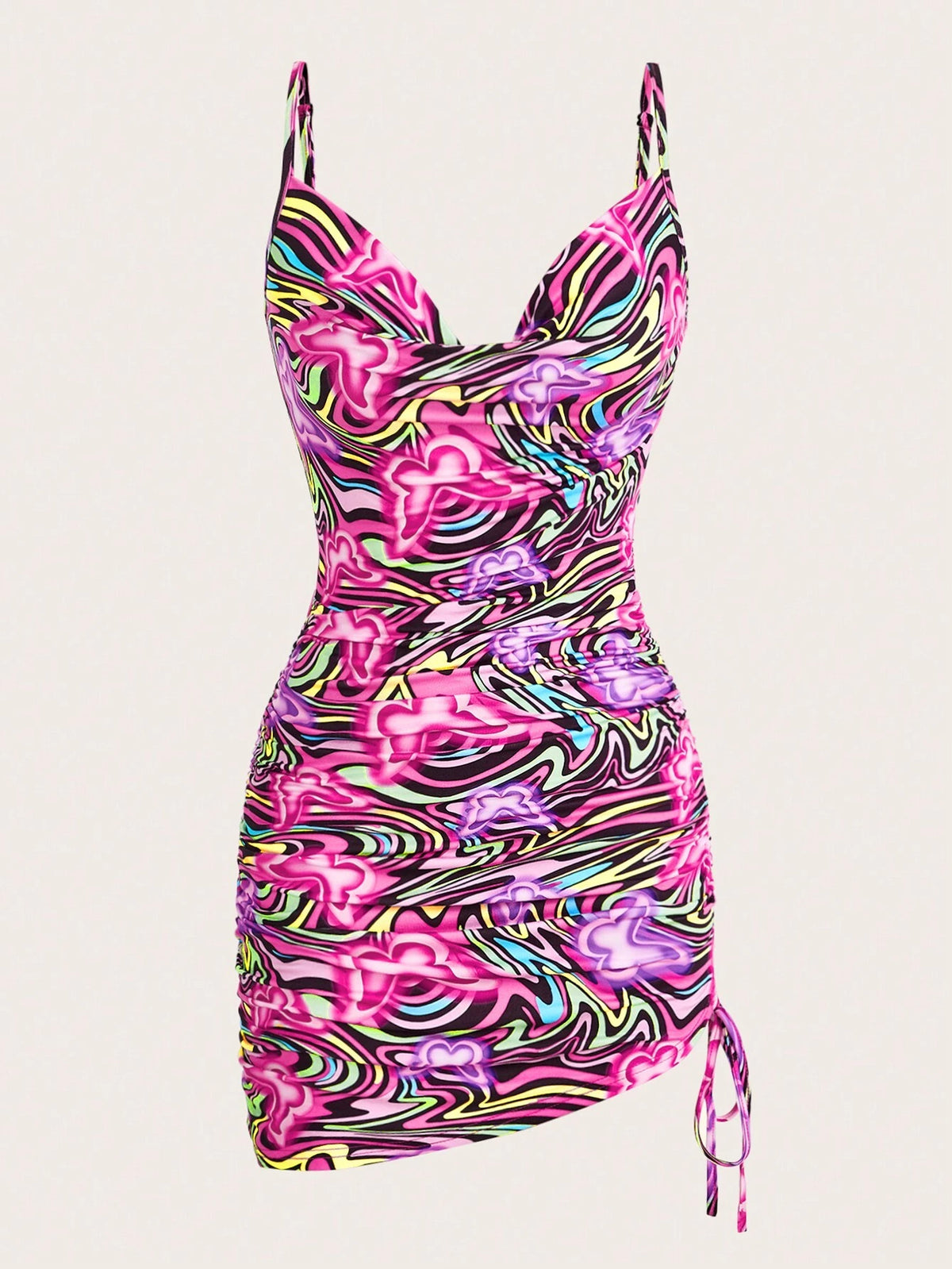 Allover Print Draped Collar Ruched Side Cami Dress