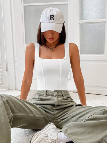Solid Square Neck Tank Bodysuit