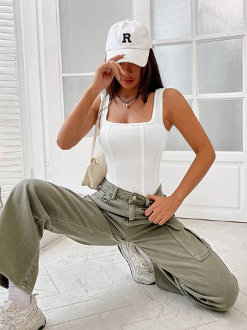 Solid Square Neck Tank Bodysuit