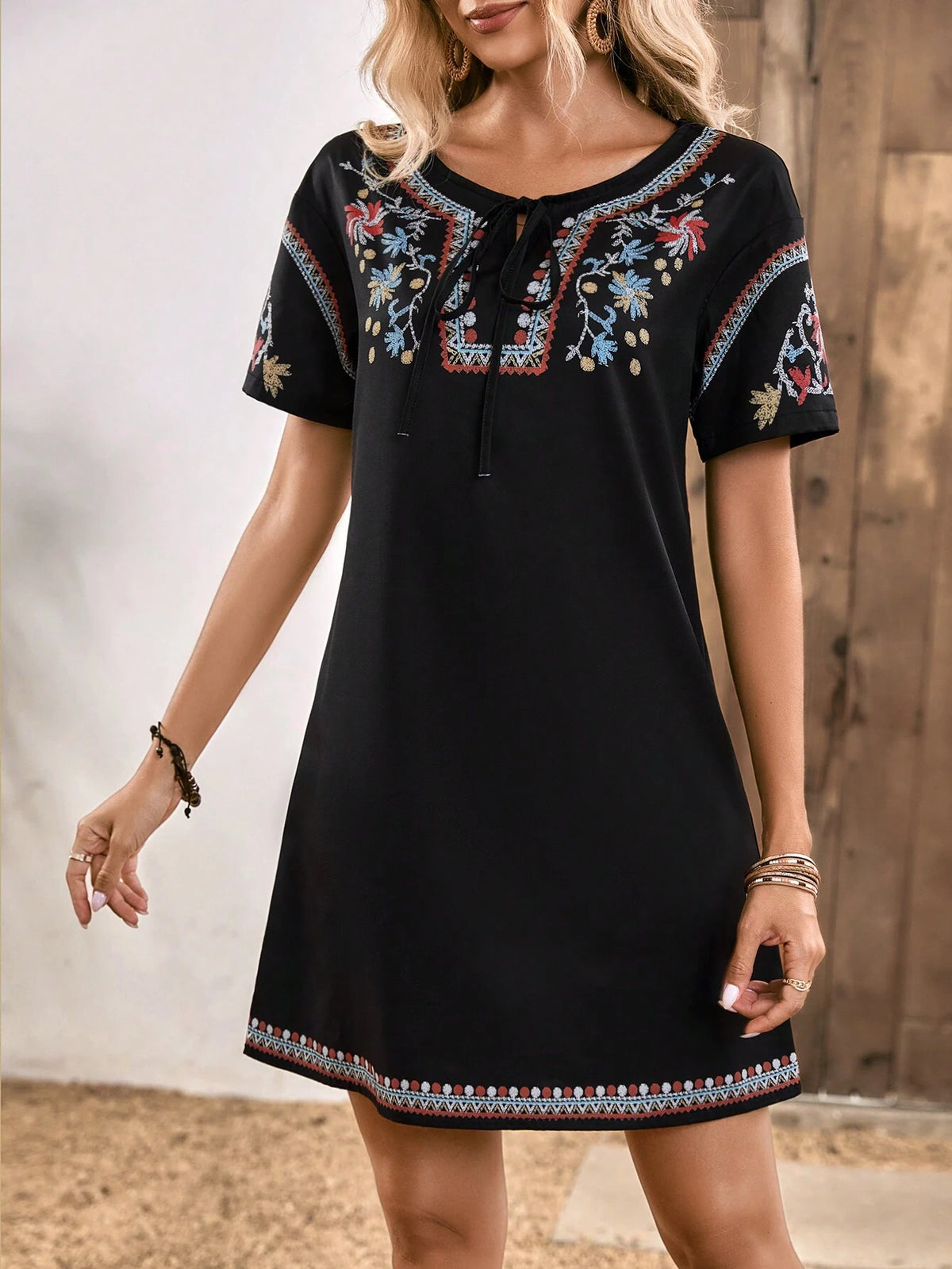 EMERY ROSE Floral Embroidery Tie Neck Tunic Dress