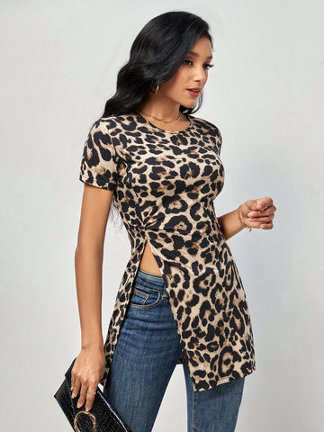 EMERY ROSE Leopard Print Split Hem Tee