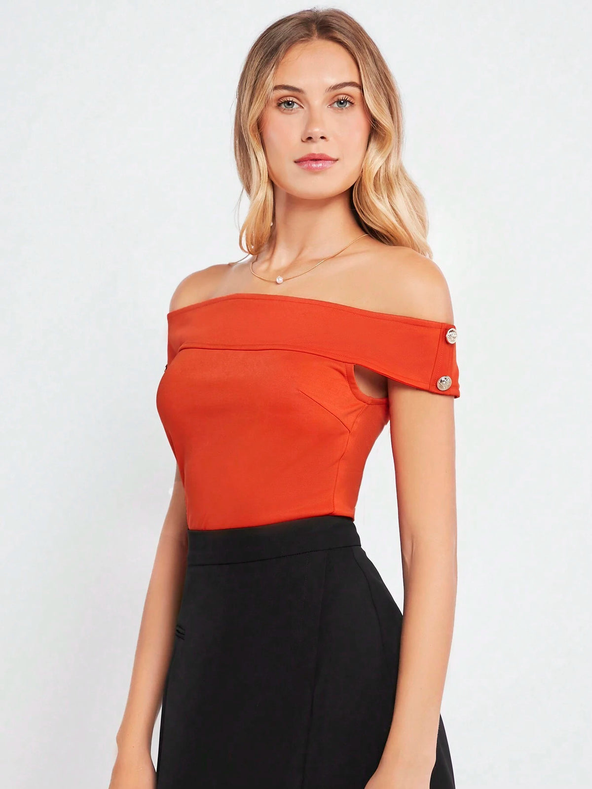 Foldover Off Shoulder Button Detail Tee