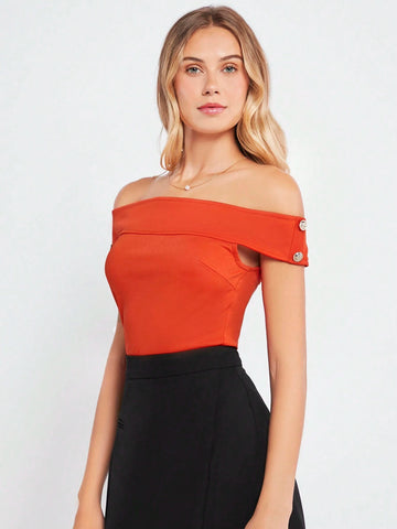 Foldover Off Shoulder Button Detail Tee