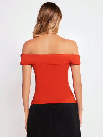 Foldover Off Shoulder Button Detail Tee
