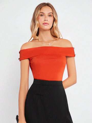 Foldover Off Shoulder Button Detail Tee