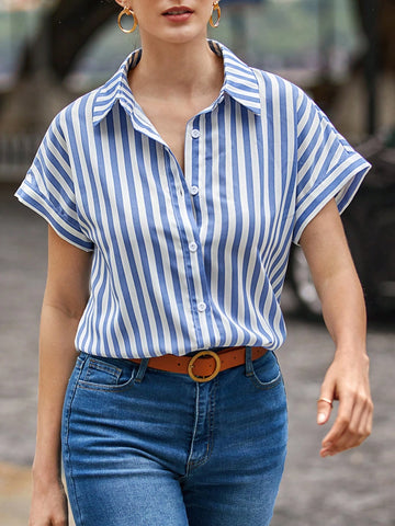 Striped Batwing Sleeve Button Front Shirt
