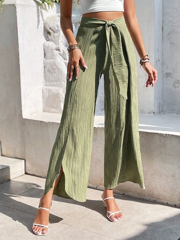 Frenchy Split Thigh Belted Wide Leg Pants