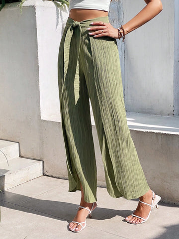 Frenchy Split Thigh Belted Wide Leg Pants