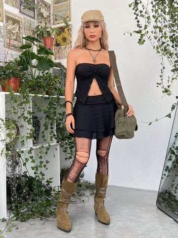 ROMWE PUNK Solid Split Hem Tube Top & Skirt