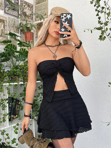 ROMWE PUNK Solid Split Hem Tube Top & Skirt